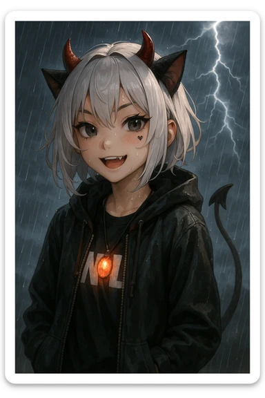 realistic anime style devil catgirl with small red horns, short white hair, streetwear, glowing amulet, rain and thunder background, heart tattoo under eye, playful expression sticker