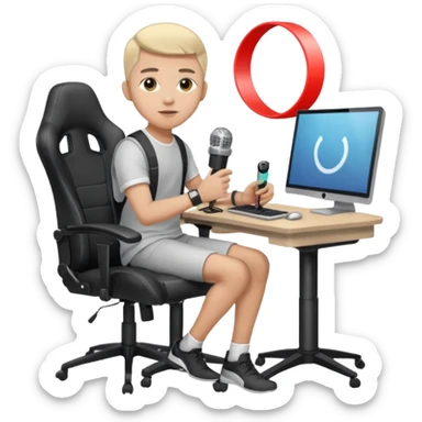 a setup of a youtuber, with a desktop pc on a table, a gaming chair, microphone, ring light sticker