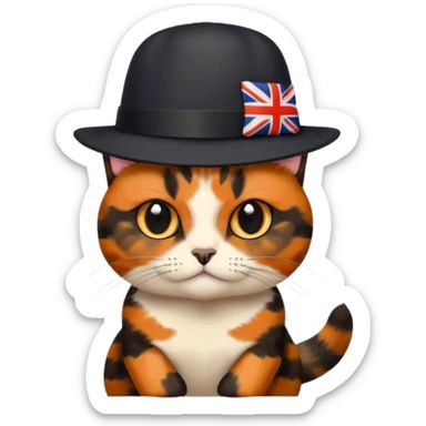 tortoiseshell cat with a british hat, a little sassy. more black than orange sticker