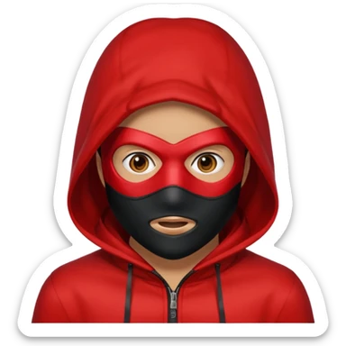 Q person with a red hood on and a black mask with a white square in the middle  sticker