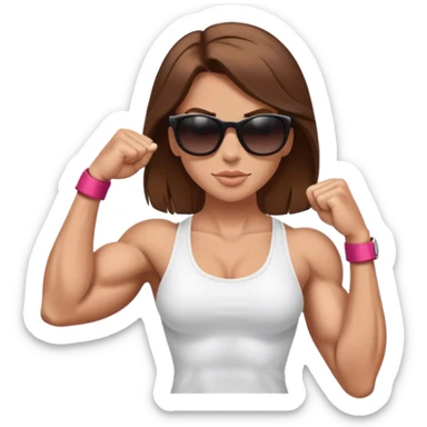 brown hair white girl super muscular posing with biceps muscles showing and wearing sunglasses sticker
