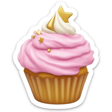 pink frosted cupcake with a swirl of cream and a tiny gold star on top sticker
