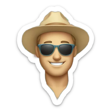 white man smiling wearing hat, sunglasses, floral shirt open sticker