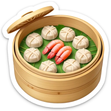 Cantonese dim sum bamboo steamer with shrimp dumplings, simplified emoji style with bold outlines and bright colors, cartoon style Chinese dim sum sticker