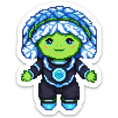 Cabbage Patch Kid as Tron character in 80's pixel art arcade style with vibrant neon colors sticker