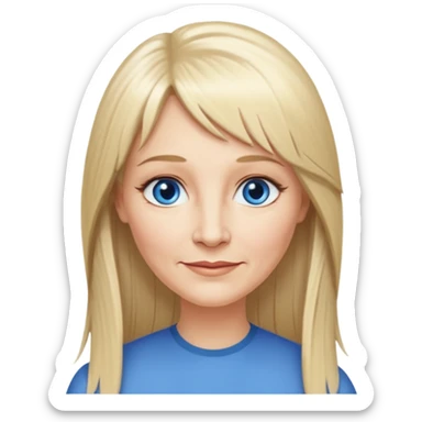 50 yr old white woman, feather bangs, very long straight blond hair, oval face, small smile, blue eyes, thin face, hair downback, hair parted at center of head, round cheeks, pale, longer hair sticker