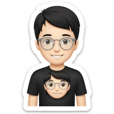 a boy wearing black t-shirts with the letters 'EDG', has fluffy short black hair and silver rectangular glasses sticker