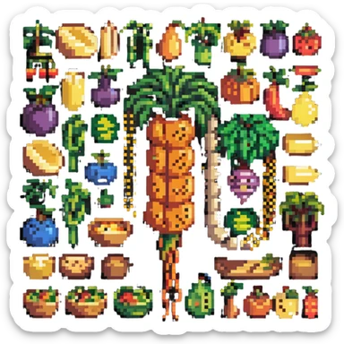 Pixel art of dietary fiber showing whole grains, vegetables, fruits and legumes connected by fiber strands, with an intestine character showing improved digestion sticker
