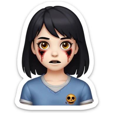 "An 18-year-old girl. Black, medium-length hair below the shoulders, with slightly long side bangs or parted in the middle. Brown eyes. Black eyebrows. In the shape of the zombie emoji '🧟‍♀️,' but without the hands in front." sticker