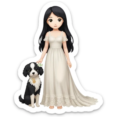 Pastel anime lady long hair with long lace dress full body holding puppy sticker
