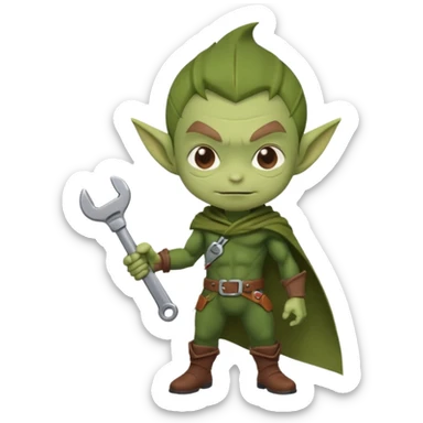 short green goblin, hold a wrench, brown cloth, cute chibi full body sticker