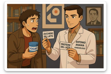 fai un webtoon manga a colori con questo stile, in cui un uomo fa una domanda al kinesiologo con il camice bianco (fagli anche la scritta "ANTONIO ANANIA" SUL CAMICE, l'uomo chiede una cosa mostrando un formaggio e uno yogurt al kinesiologo con il camice, IL KINESIOLOGO annuisce e SPIEGA ALL'UOMO UNA cos. L'UOMO ha un ESPRESSIONE CONFUSA IN VOLTO. non fare i fumetti però, fai solo in modo che sembri stiano parlando sticker