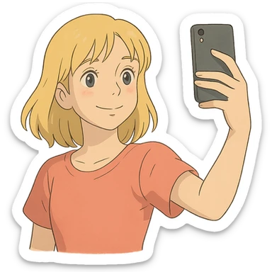 ghibli style illustration of a blonde girl taking a selfie with soft colors sticker