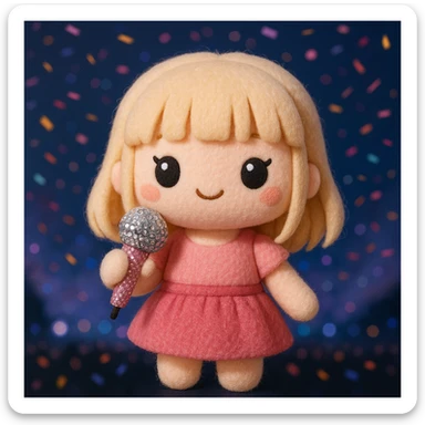 Pretty and girly Blonde pop star with bangs, holding a bedazzled microphone, reimagined as a soft kawaii plushie doll, with a nighttime concert backdrop with colorful confetti sticker