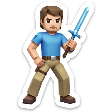 Jack Black as Minecraft Steve in combat pose holding sword, blocky character with brown hair, blue shirt, and purple pants sticker