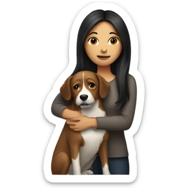 Woman with long dark hair hugging dog sticker