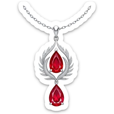 conceptual and ethereal teardrop ruby pendant with fiery light, a tiny phoenix feather emerging, haloed by shimmering white stones, and a silver chain, symbolizing rebirth sticker