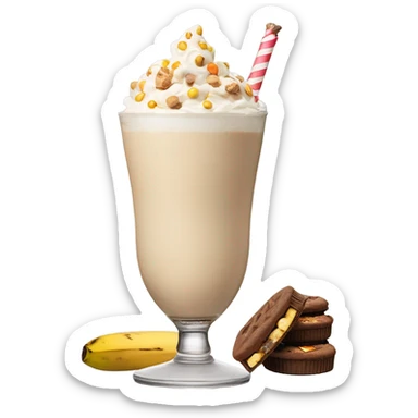 banana reese’s pieces milkshake topped with a toasted marshmallow, white chocolate boxing glove, and a peanut butter cookie sticker