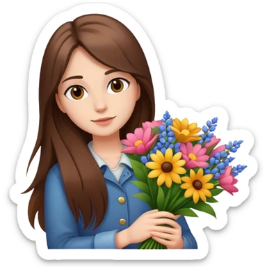 Cool girl with long brown hair and fair skin holding a bouquet of flowers sticker
