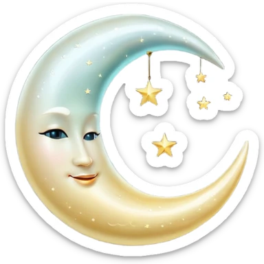 “A luxurious ultra-detailed 3D crescent moon with a high-gloss pearlescent surface, smooth reflective texture, soft glowing rim light, cinematic studio lighting, subtle light bloom, realistic depth and curvature, elegant and magical mood, floating in dark space, minimal composition,  sticker