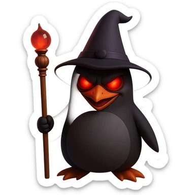 Make the crazy wizard penguin look evil, with a sinister expression, glowing red eyes, and dark magical aura in 3D emoji style. Use the general editor as 3D emoji style does not support editing. sticker