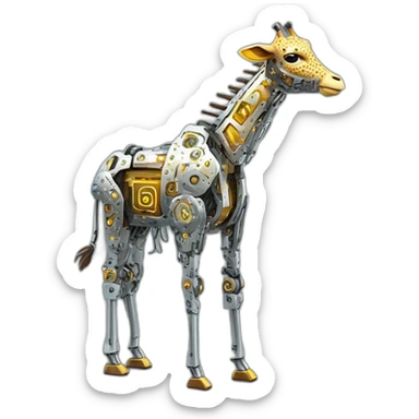 Una girafa robotica con patrones de circuitos brillantes en su piel, piernas con juntas móviles y piezas de metal relucientes sticker
