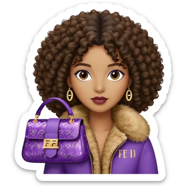 Beautiful black woman with curly hair. She is wearing a brown monogram Fendi jacket with a fur trim. She is carrying a Fendi Baguette
Purple sequined bag. I want the image close up. The jacket is not purple.  sticker