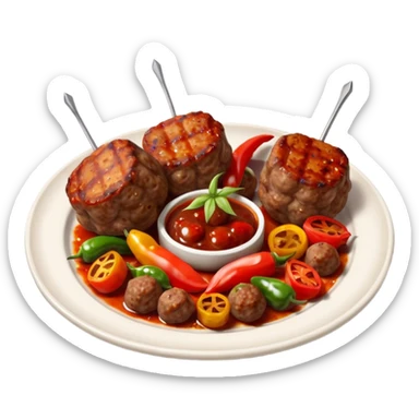 Akçaabat meatballs object icon, grilled Turkish kofte pieces on a plate, smoky char marks, juicy texture, served with grilled peppers and tomatoes, 3D cartoon, mobile game icon style, centered, clean background, no text, no watermark
 sticker