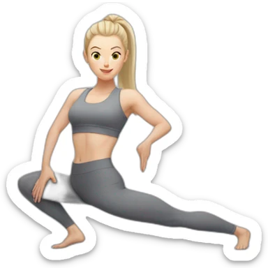 Pale skinned fit woman In a gray tight yoga suit With ash blonde hair in a ponytail doing yoga sticker