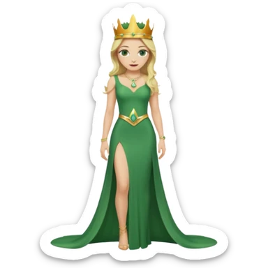 Queen, crown, blonde hair, green eyes, long green tight dress, Leg slit, whole Body, sticker