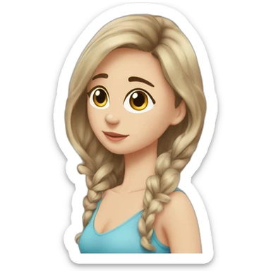 Ragazza, alta 1,58m, castana capelli mossi, occhi marroni, testa in cuscino soffice azzurro, imbarazzo sticker