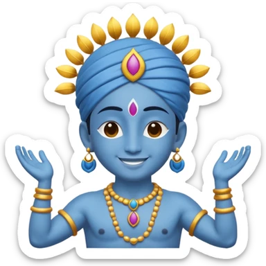 Krishna blissful, arms open, radiating light, blue skin, emoji style sticker