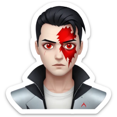 Cyberpunk man, slicked hair, silver metal jaw prosthetic, glowing red eyes, cold expression, clinical lighting sticker