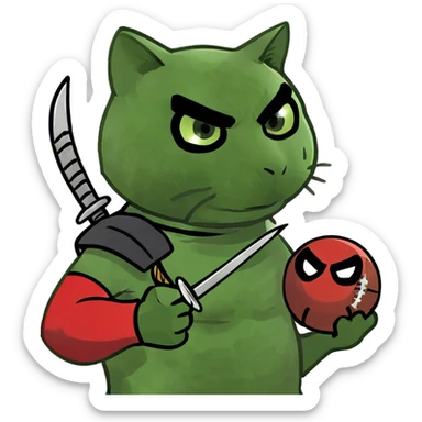 Epic cat ninja with two swords and hand looking like Deadpool holding a football with the egg ready for some action ￼ sticker