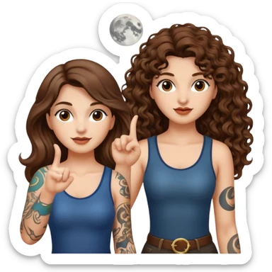 moon symbol discovery — long wavy brown hair tattooed woman and short tight curly brown hair woman — pointing up sticker