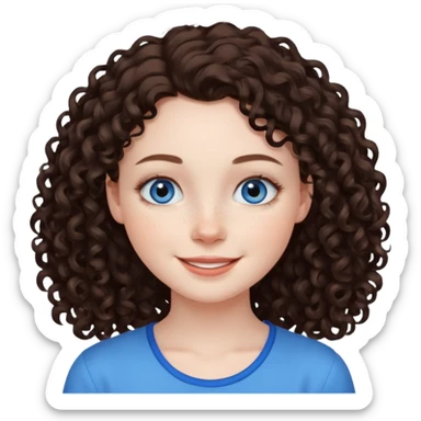 girl with dark brown curly hair, pale skin, blue eyes, some freckles, smiling sticker