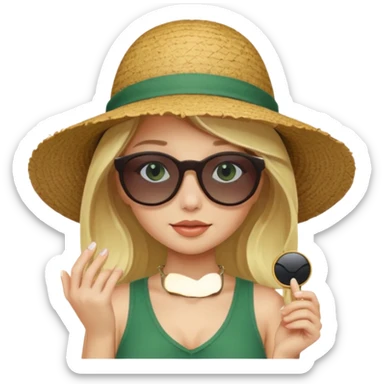 
blonde girl in dark green beach big hat adjusting sunglasses sticker