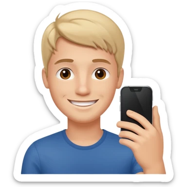 young manwith phone in histhand, happy, selfie style. @emoji sticker