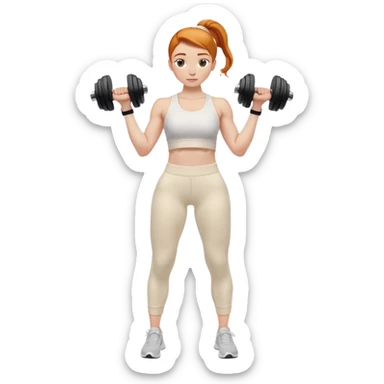Ginger gym girl low bun hairstyle standing sideways with dumbbells and cream athleisure pants clothes sticker