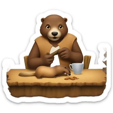 A guy is sitting with a beaver at a table and they are eating a log sticker