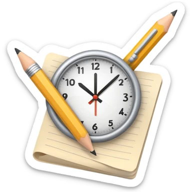 minimalistic emoji-style icon for 'Task 1' of a writing test, featuring a pencil and a document, with a subtle clock or timer to suggest a 20-minute time limit, clean, modern, educational sticker