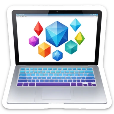 Professional icon for Graphic Design: a laptop with Photoshop open on the screen, displaying geometric shapes like spheres, cubes, and pyramids, along with a stylus. The icon should reflect the creative process in graphic design. Transparent background. sticker