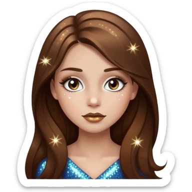 Girl with long brown hair with sparkly white eyeshadow and sparkles on face and bronze lipstick  sticker