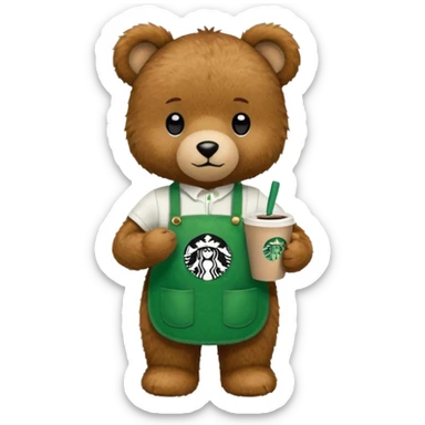 teddy bear wearing green apron with one cup of starbucks coffee sticker