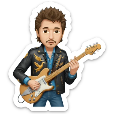 realistic cinematic bob dylan, unshaven and long haired, in a motor jacket embroidered with bronze cranes, plays an electric guitar sticker