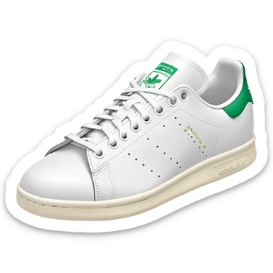 Classic white Adidas Stan Smith sneakers with green heel tab and Adidas logo, three perforated stripes on sides sticker