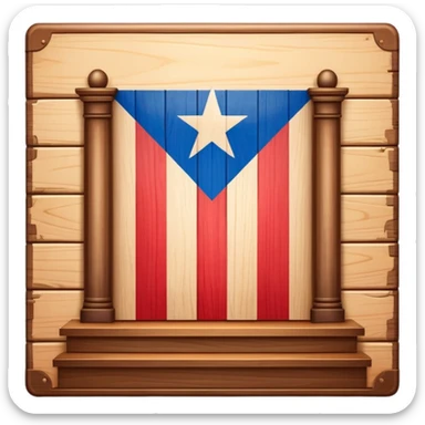 Timeless book icon with Puerto Rican flag design, wooden theater stage symbol, warm parchment and wood textures, gentle luminous aura, representing the history of Puerto Rican scenic design legacy sticker