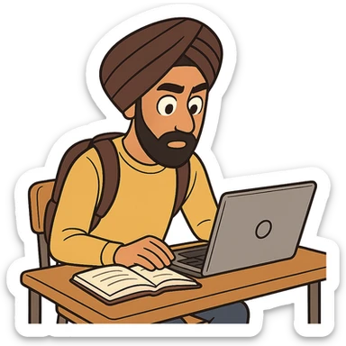 university sikh boy cartoon style sitting at a desk laptop open turban focused on studying sticker