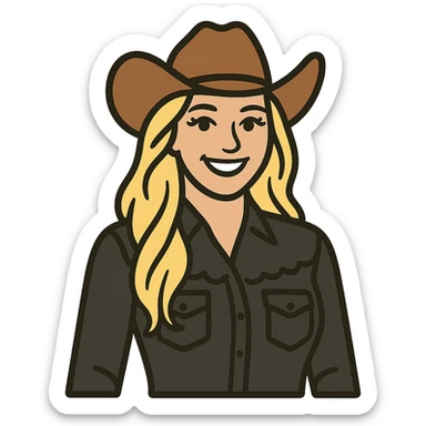 Make the cowgirl's skin lighter, hair lighter blonde, give her rounder cheeks, a big smile, longer eyelashes, and a black lace shirt. Keep the background transparent. sticker