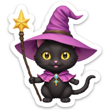 Gotito negro con ojos amarillo sonriendo feliz con los bigotes largos y disfraz de bruja de color rosa el disfraz con varita sticker